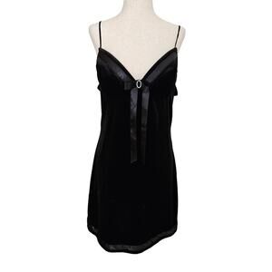 Vintage 90s Black Velvet Mini Dress Lingerie Spaghetti Straps Bow Babydoll Large